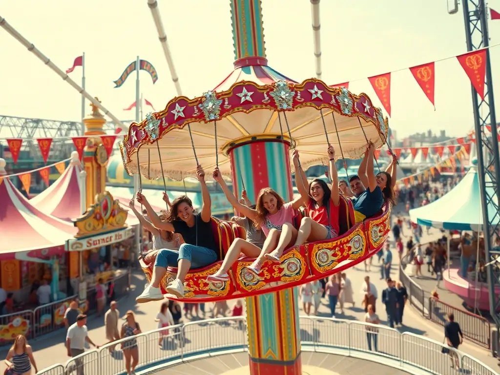 A dynamic image of a spinning pendulum ride, with riders swinging high in the air. The background shows a vibrant park scene with other attractions and excited visitors.
