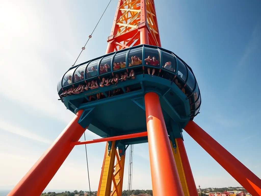 A tall free-fall tower with a gondola at the top, ready to descend rapidly. The structure is painted in bright colors, emphasizing the height and intensity of the ride.